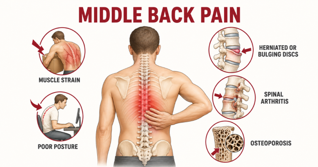 Middle Back Pain Causes Infographic Featuring Spine and Condition Illustrations.