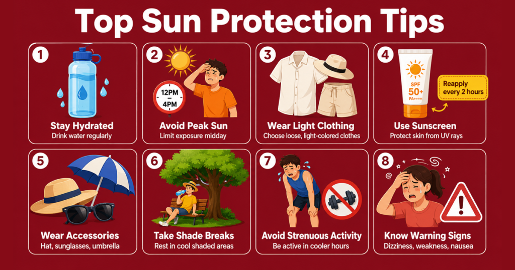 Red illustrated infographic with sun protection tips and heat safety icons.