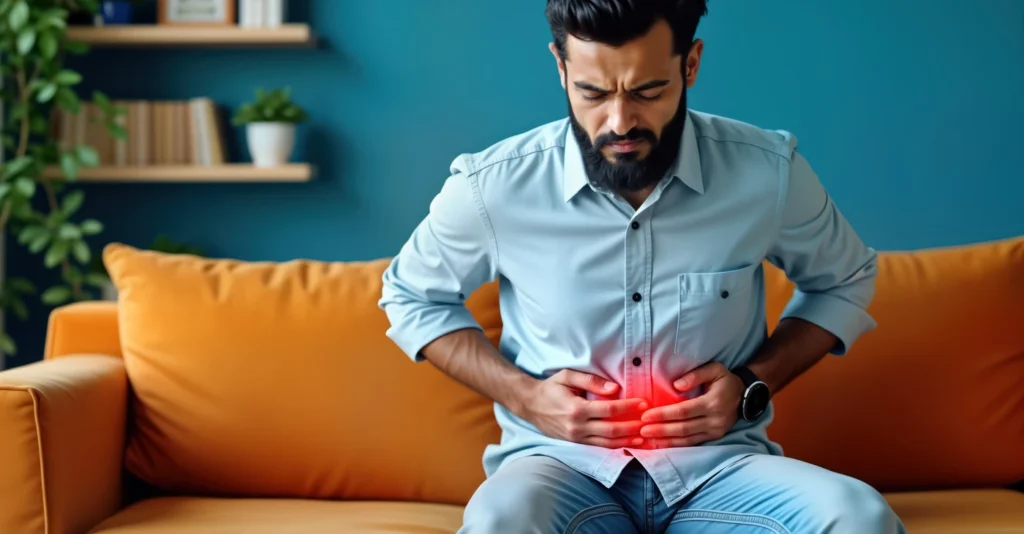man-sits-sofa-experiencing-stomach-pain-holds-abdomen