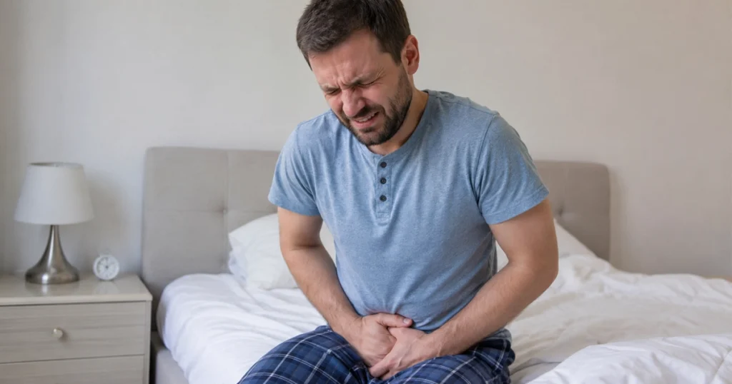 Man sitting on a bed holding his lower abdomen in pain.