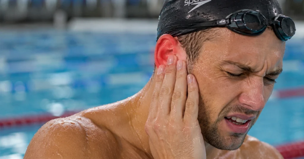 Male swimmer holding a painful, red ear beside a swimming pool.