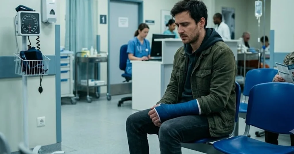 Man with an arm cast waiting in a hospital emergency room.