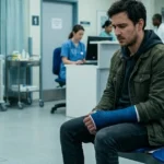 Man with an arm cast waiting in a hospital emergency room.