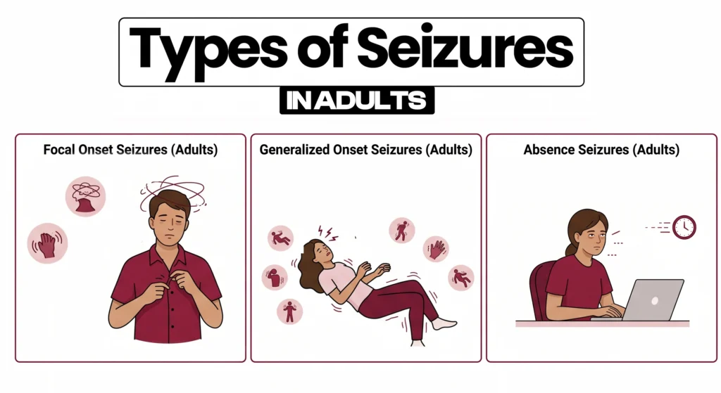 An infographic showing three types of seizures in children: febrile, focal, and generalized.