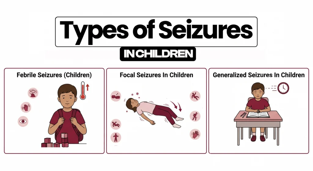 An educational infographic illustrating three types of seizures in adults: focal, generalized, and absence.