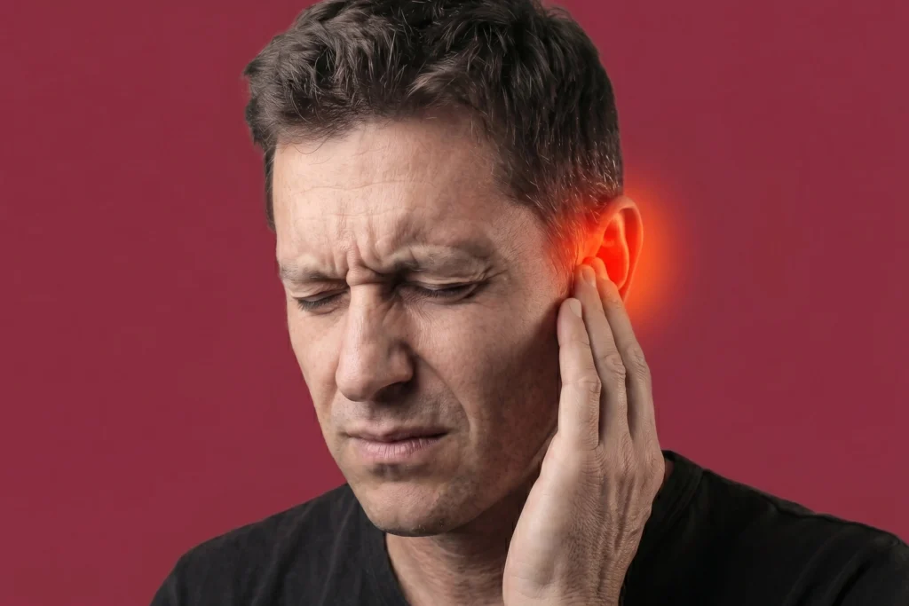A man grimacing in pain while holding his ear, which is highlighted with a red glow to suggest ear discomfort.