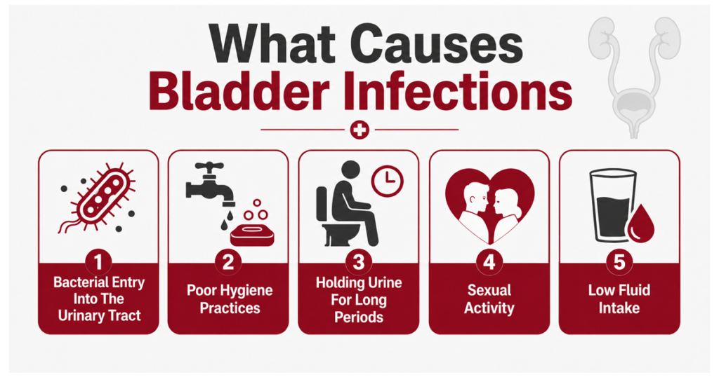Infographic showing five common causes of bladder infections.