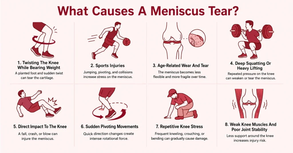 Infographic showing seven common causes of meniscus tear.