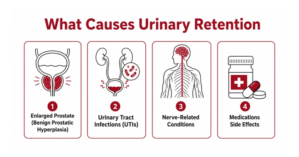 Medical infographic illustrating four common causes of urinary retention.
