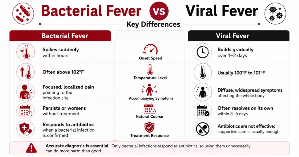 Infographic comparing bacterial and viral fever symptoms.
