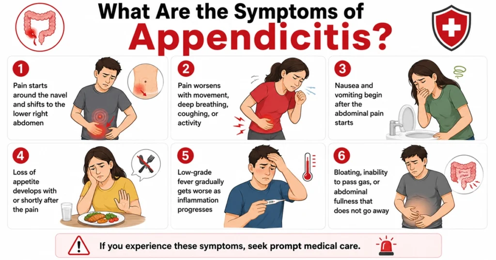 Infographic showing six common symptoms of appendicitis.