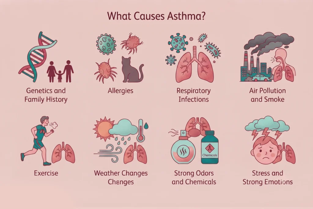 Visual diagram highlighting eight common causes and triggers of asthma.