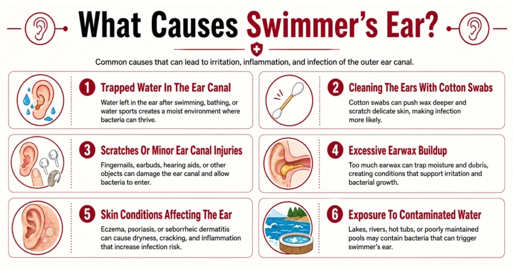 Infographic showing six common causes of swimmer’s ear.