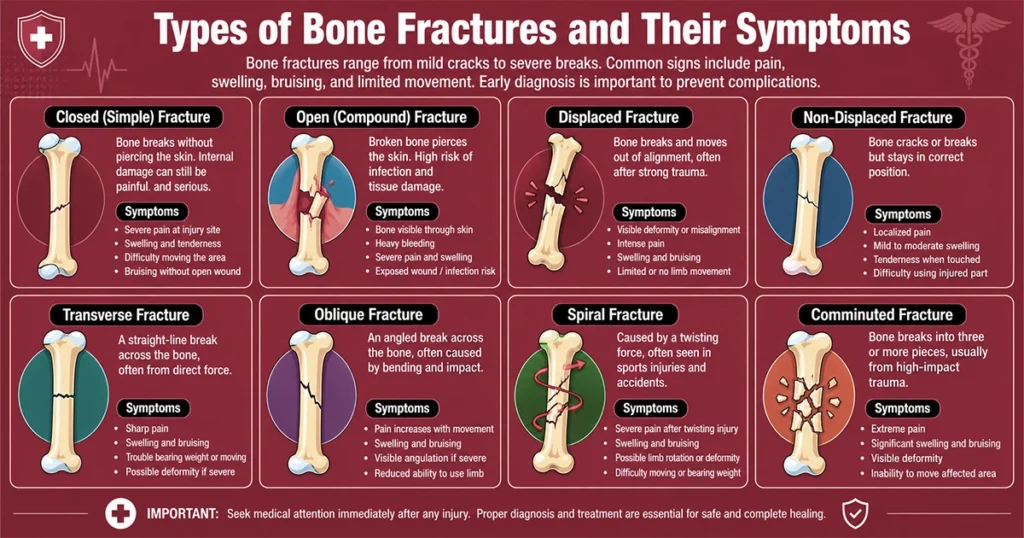 Infographic showing eight types of bone fractures and their symptoms.