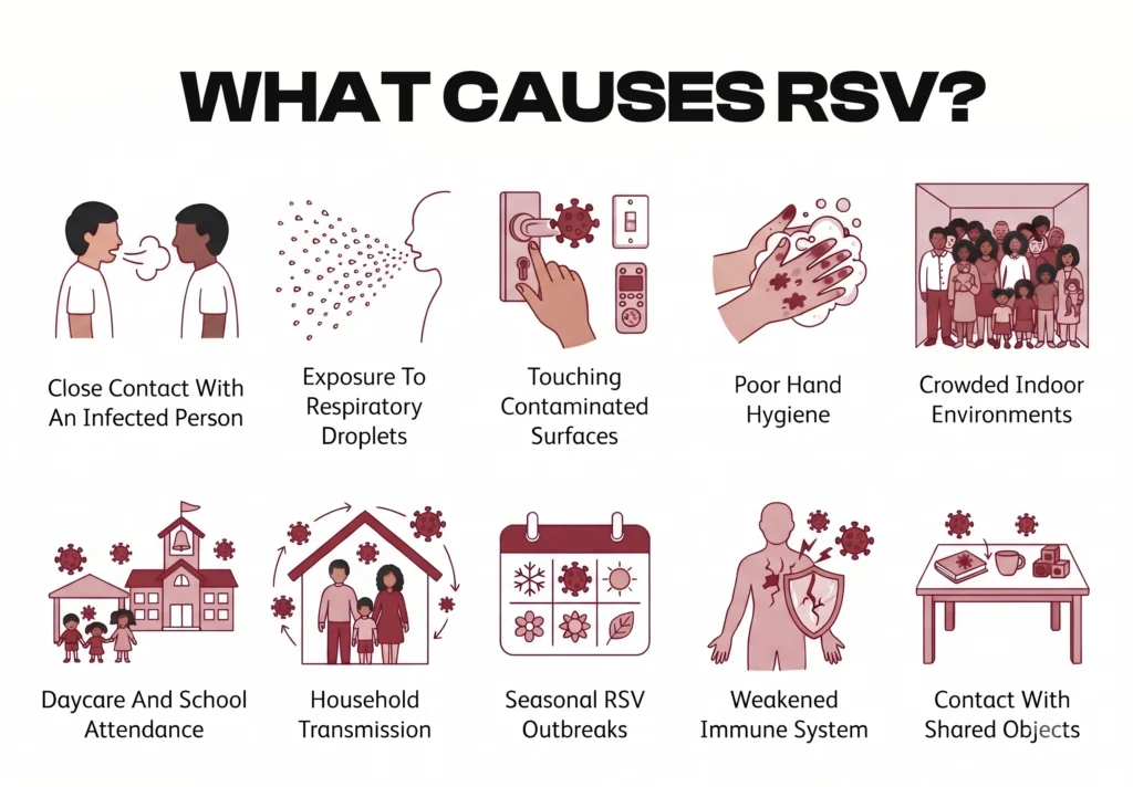 Infographic detailing ten common causes and transmission factors of RSV.