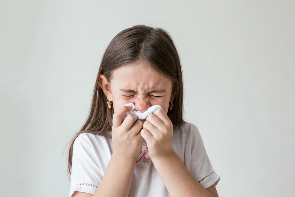 A young girl blowing her nose with a tissue.