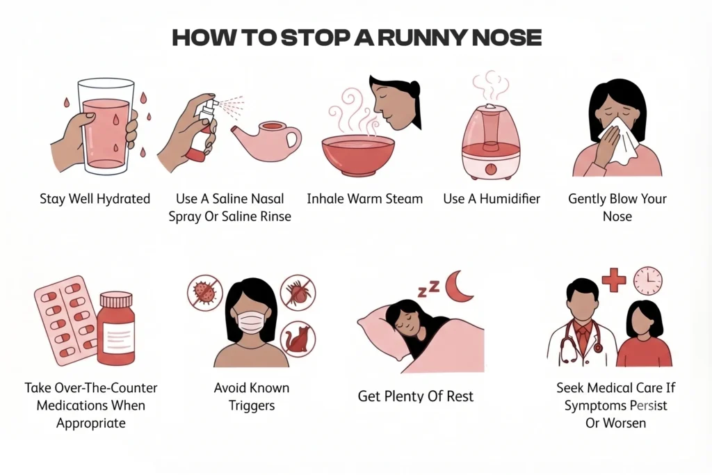 Medical infographic showing nine practical tips to stop a runny nose.