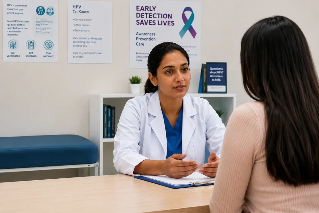 Doctor and patient discussing health information using a tablet in an office.