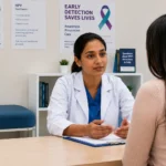 Doctor and patient discussing health information using a tablet in an office.