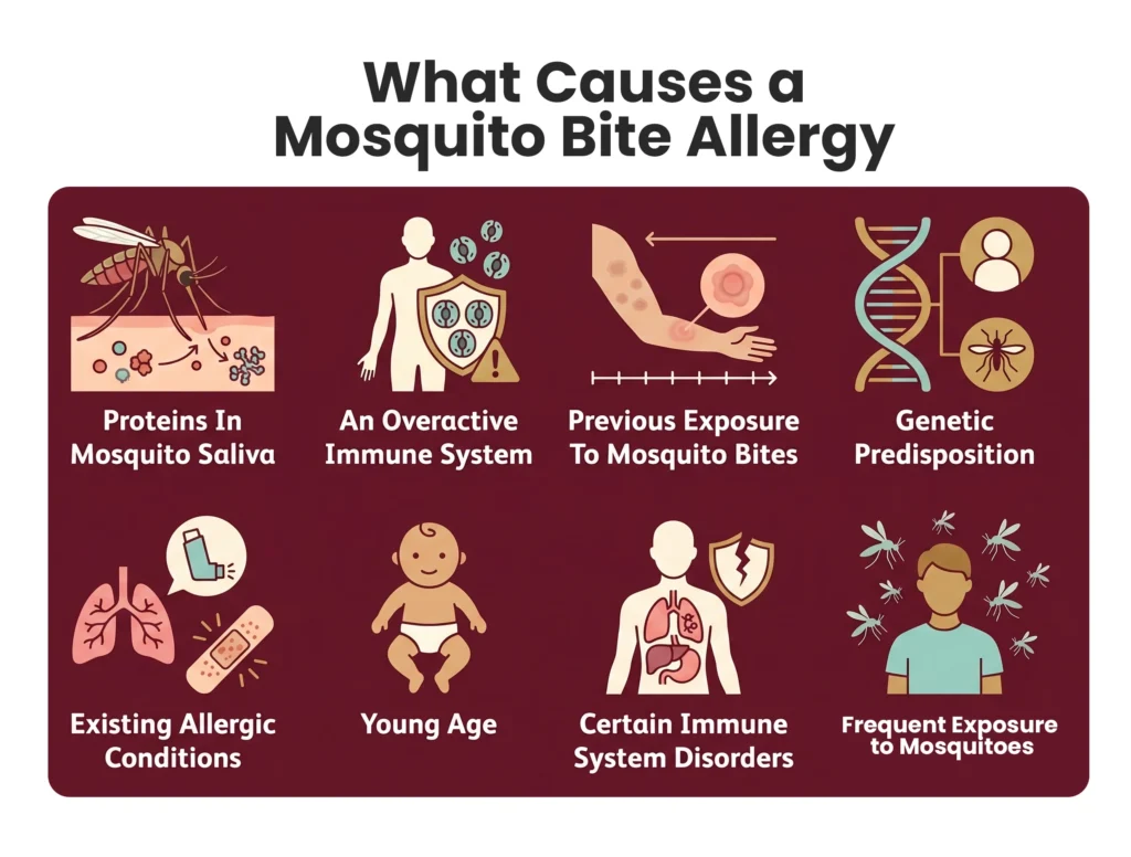 Educational graphic illustrating eight main causes of mosquito bite allergies.