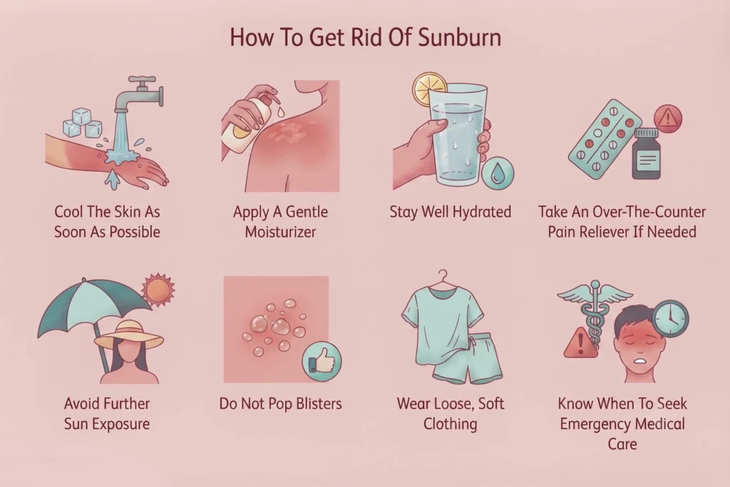 Educational infographic outlining eight steps to treat and relieve sunburn.