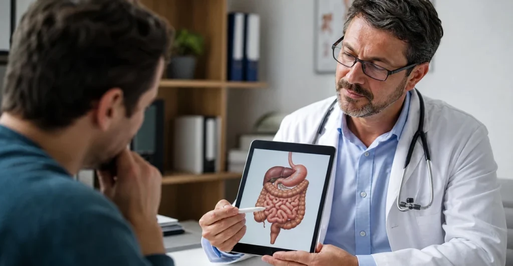 Doctor explaining digestive system anatomy to concerned patient in clinic.