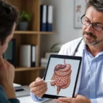 Doctor explaining digestive system anatomy to concerned patient in clinic.