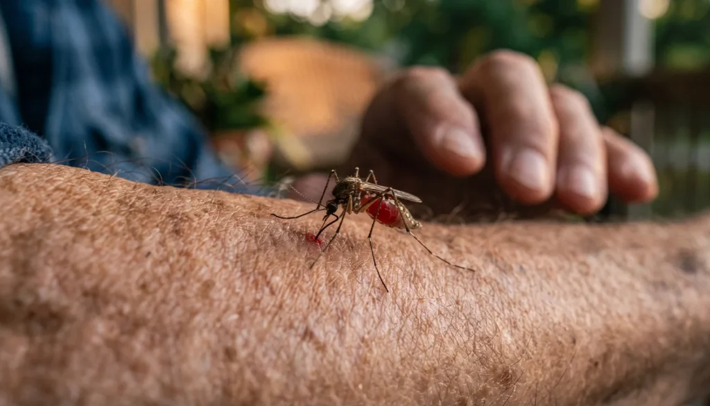 Close-up of a mosquito biting human skin, filled with blood.