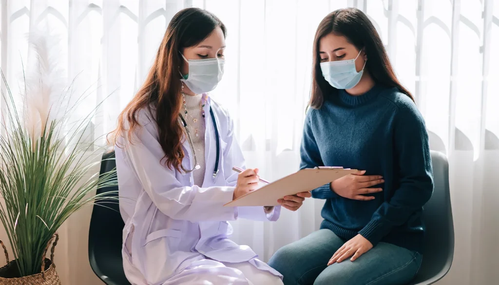 Doctor wearing a mask taking medical notes during patient consultation.
