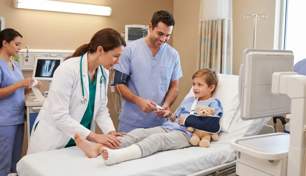 Doctor examining injured boy with a cast and teddy bear.
