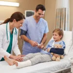 Doctor examining injured boy with a cast and teddy bear.