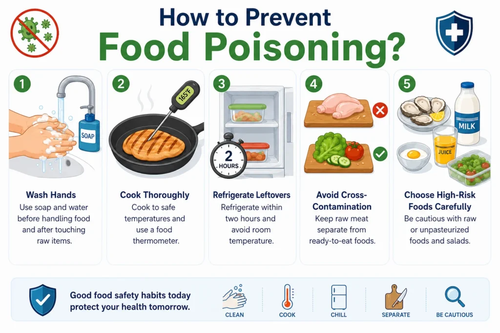 Infographic illustrating five key steps to prevent food poisoning.