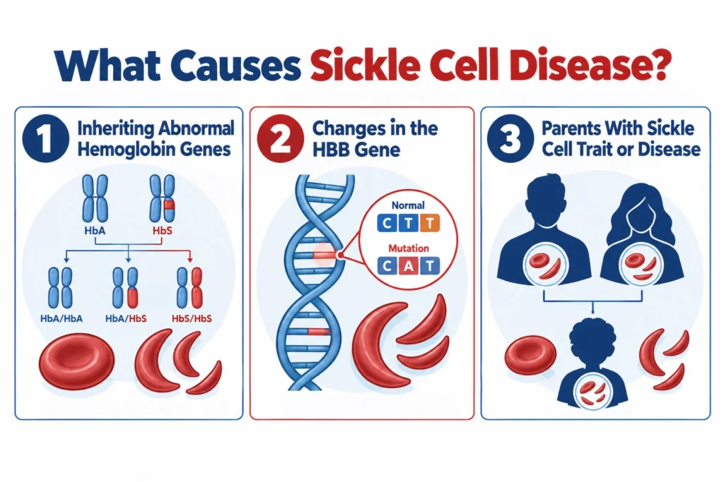 Infographic illustrating genetic causes of sickle cell disease in steps.