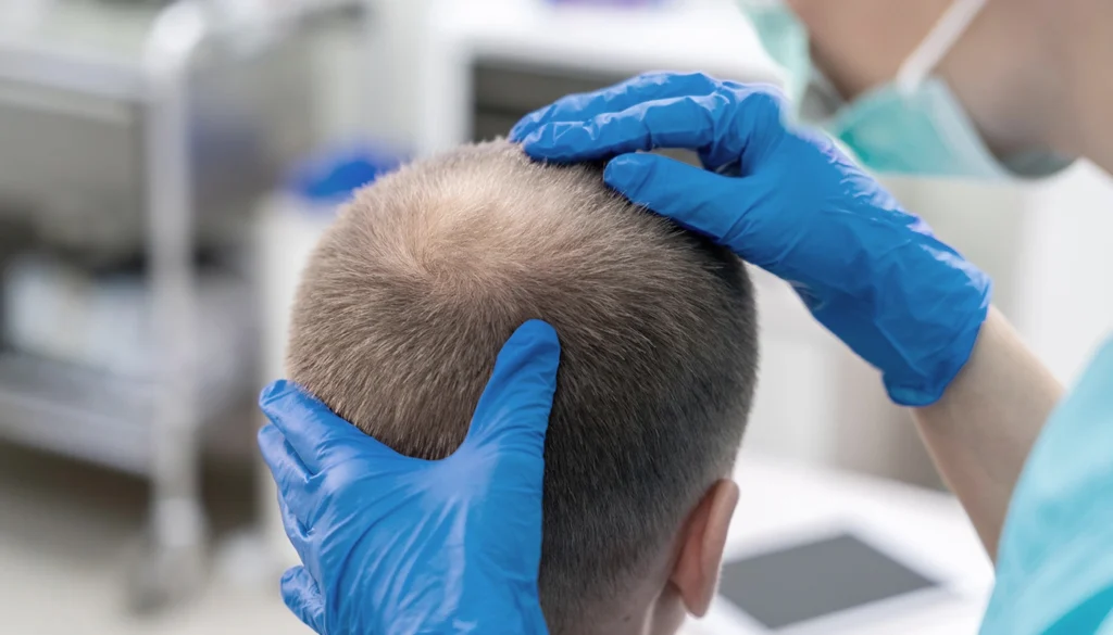 Doctor wearing blue gloves examining a patient's thinning hair.