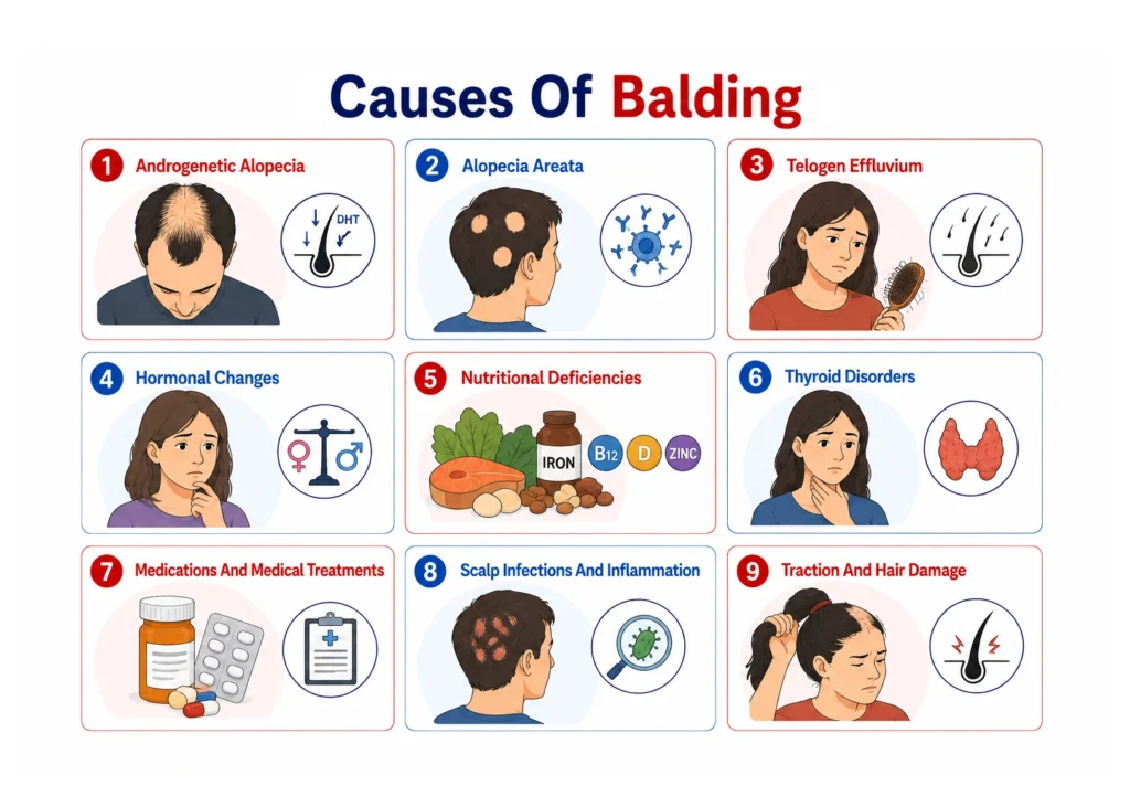 Infographic outlining nine common medical and environmental causes of balding.