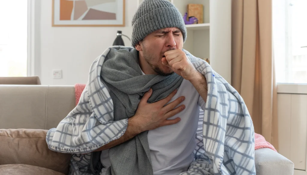 Man wrapped in blanket coughing while holding his aching chest.