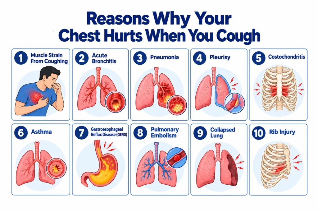 Chart explaining ten reasons for chest pain when coughing.