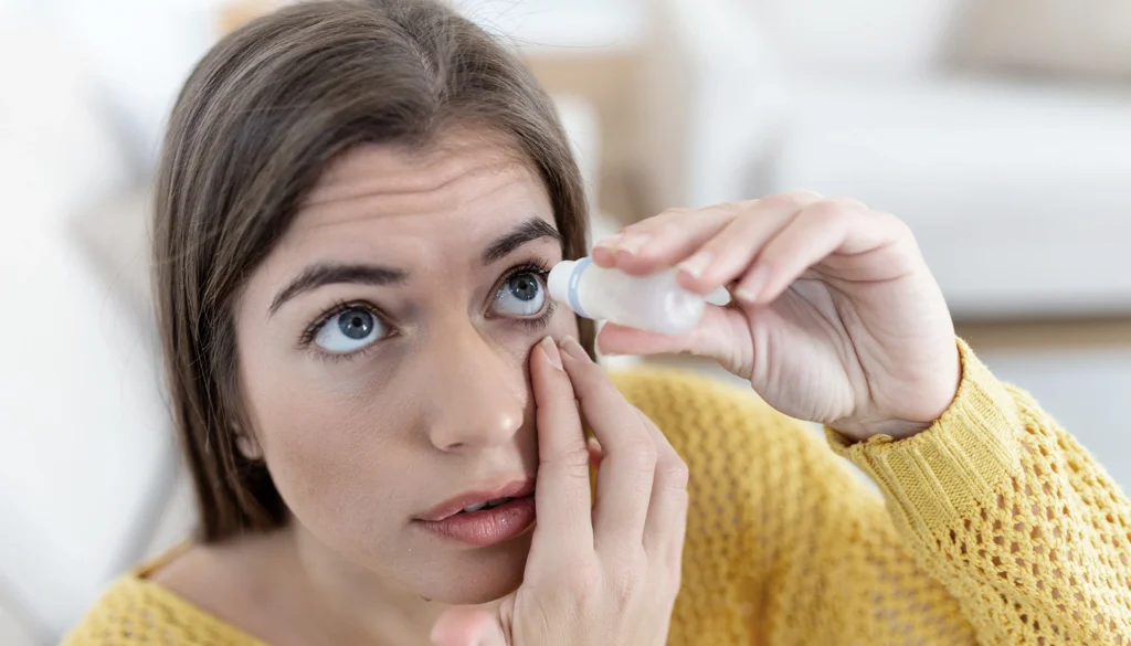 Woman applying eye drops to relieve dry, irritated eyes.