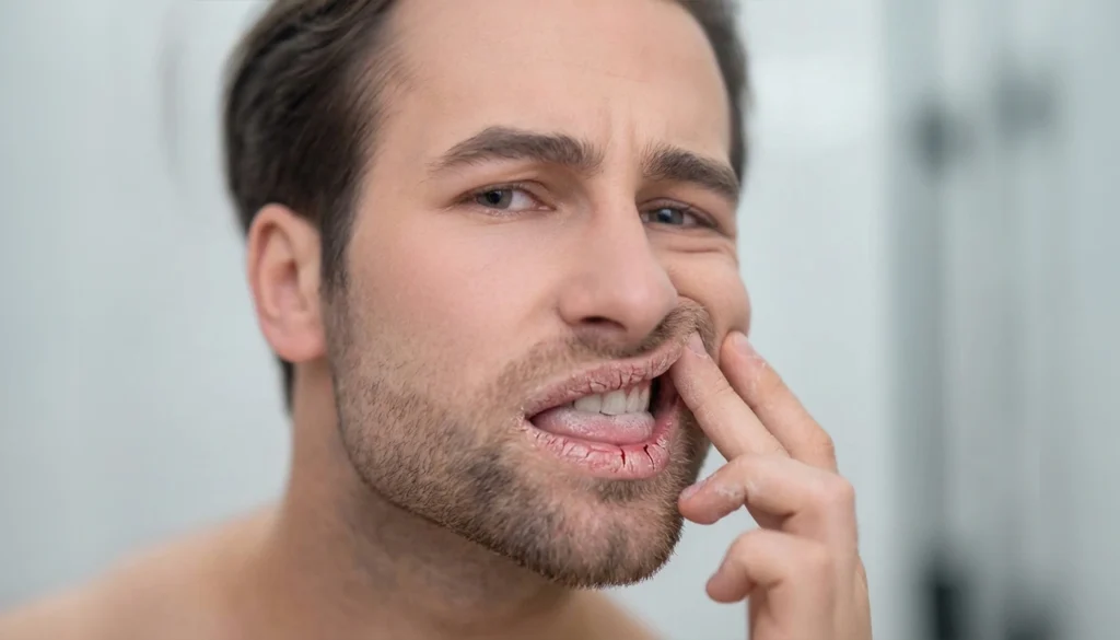 Man examining his severely dry, cracked lips and white tongue.