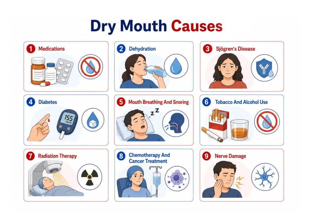 Infographic highlighting nine common medical and lifestyle dry mouth causes.