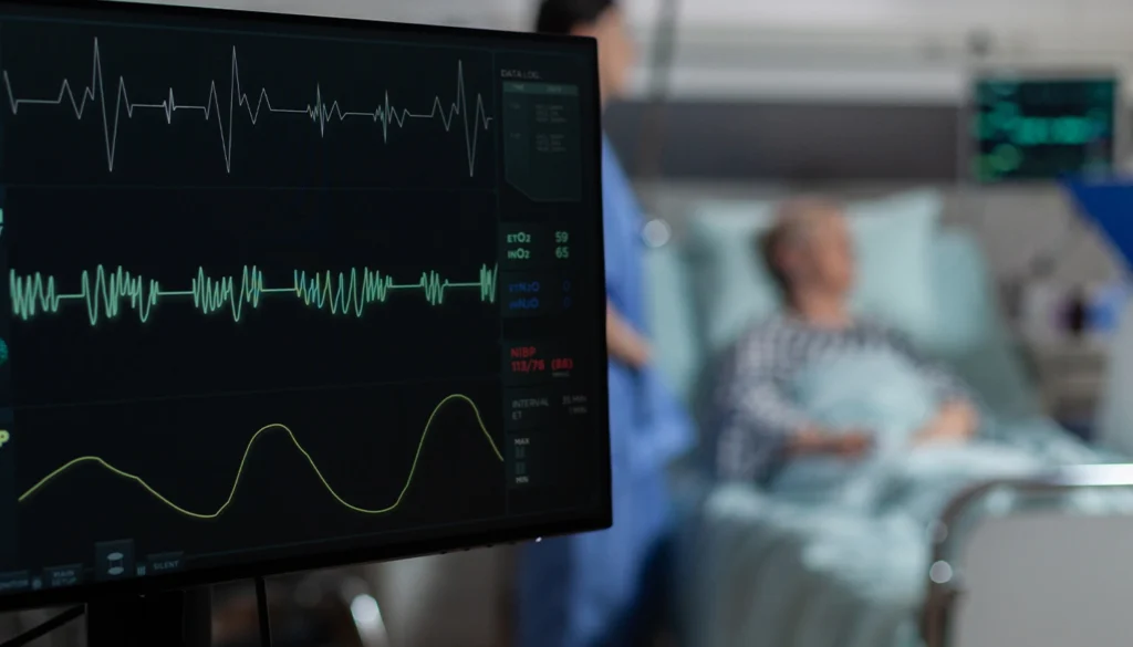 Hospital patient monitor displaying continuous heart rate and vital readings.