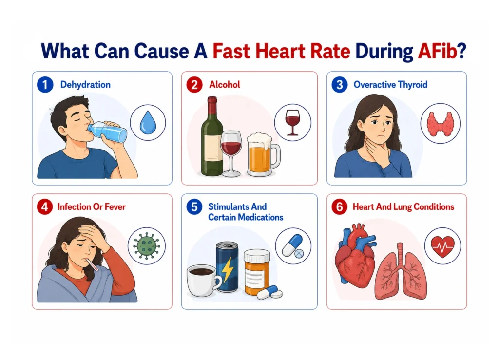 Infographic highlighting six potential triggers of high AFib heart rate.