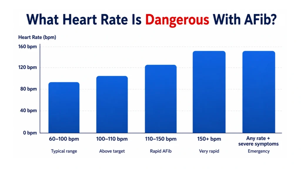 Bar chart detailing target and dangerous heart rate ranges for AFib.