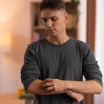 Young man scratching an itchy mosquito bite on his forearm