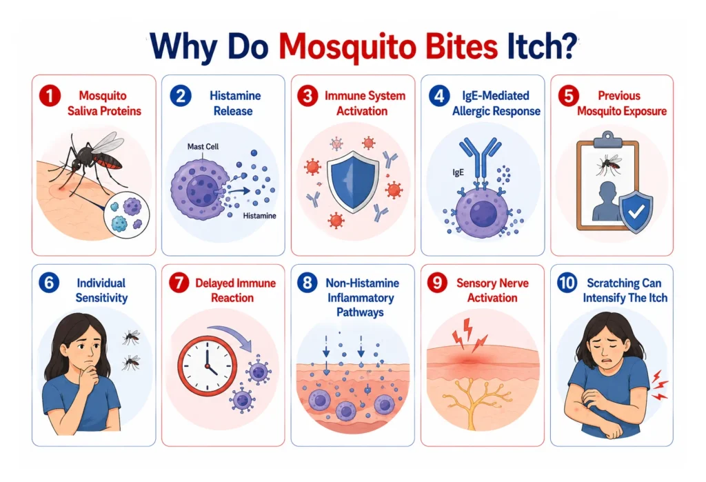 Educational infographic explaining ten reasons why mosquito bites itch