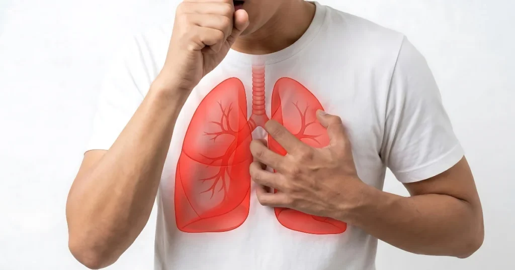 Man coughing with pleurisy chest pain