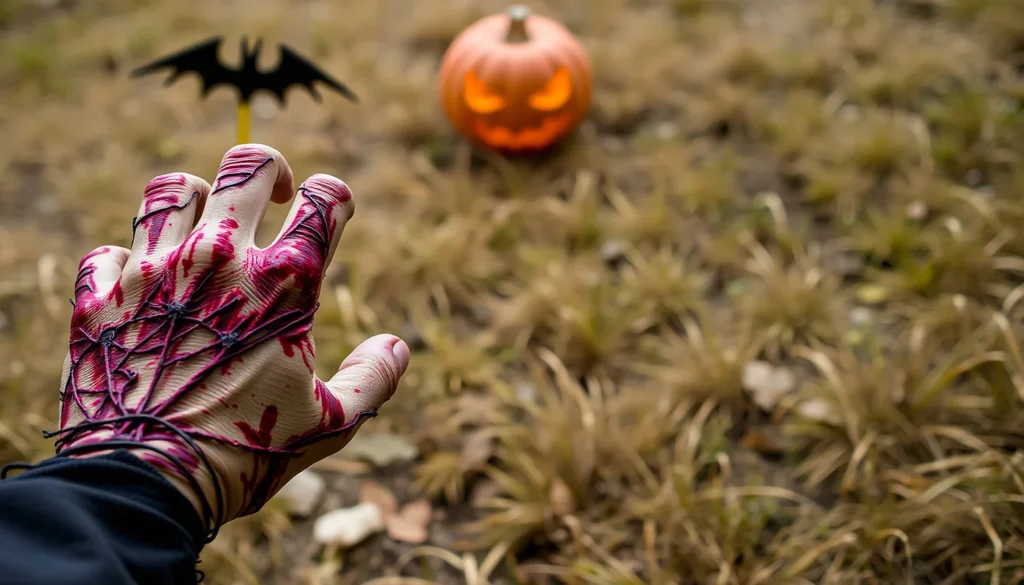 Bloody hand reaching toward glowing jack-o'-lantern in grass setting.